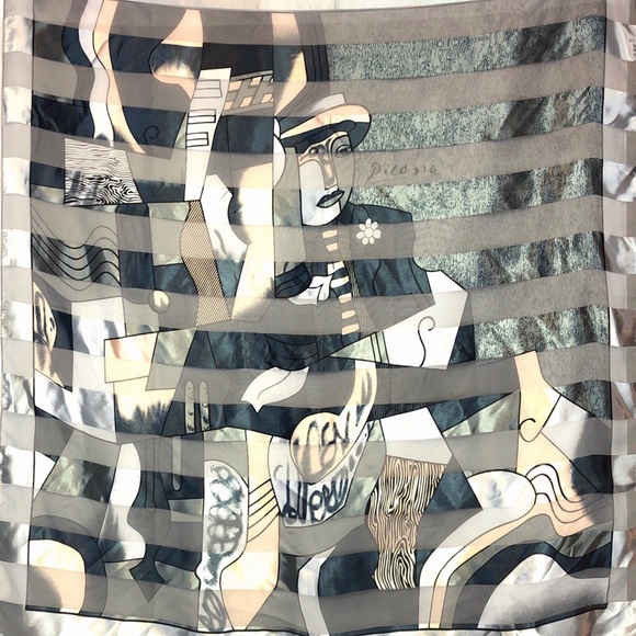 picasso Accessories - Picasso blue silky illustrated stripe square scarf